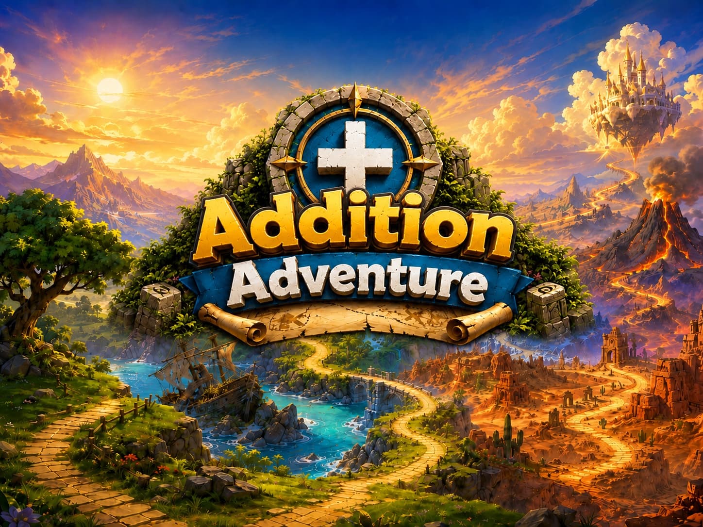 The Addition Adventure title art over a wide fantasy landscape — green highlands and a shipwreck cove on the left, a desert with ruins and a volcano on the right, and a castle floating in clouds above, with the logo lockup centered in the sky.