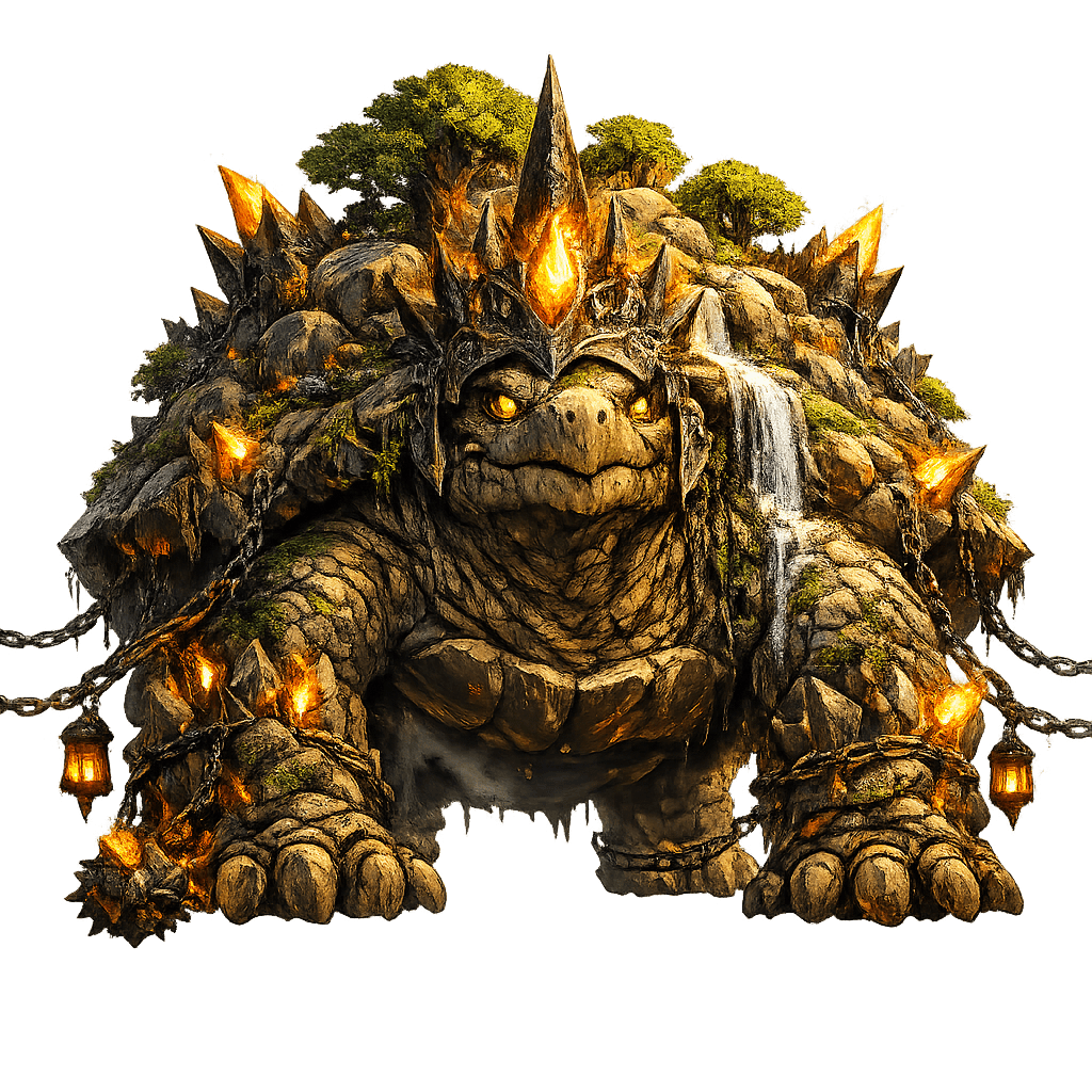 A guardian shaped like a giant turtle covered in rock and moss, with glowing fire-crystal spikes and a small waterfall on its shell.