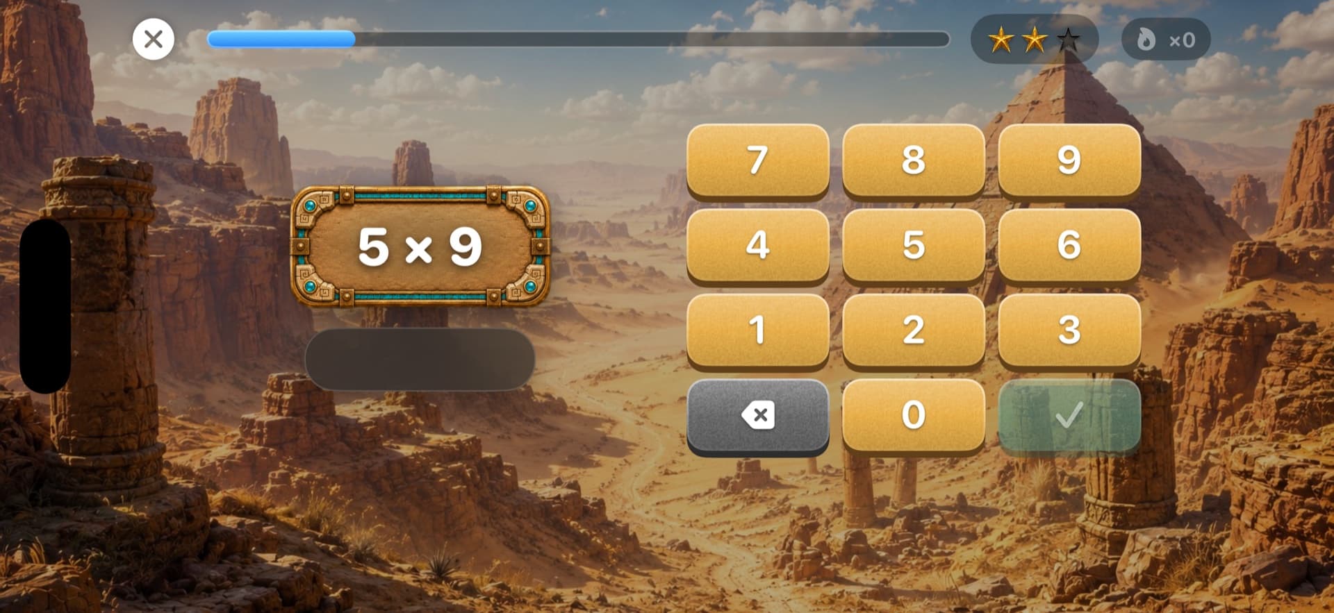 A multiplication question over a desert canyon on iPhone, with a number pad for typing the answer and star progress along the bottom.