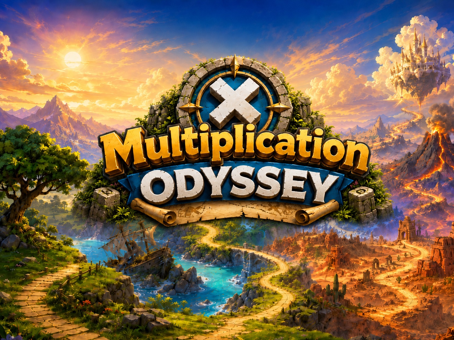Multiplication Odyssey key art: the game's logo over a painted fantasy landscape of green highlands, a shipwreck cove, a desert of ruins, and a castle floating in the clouds.